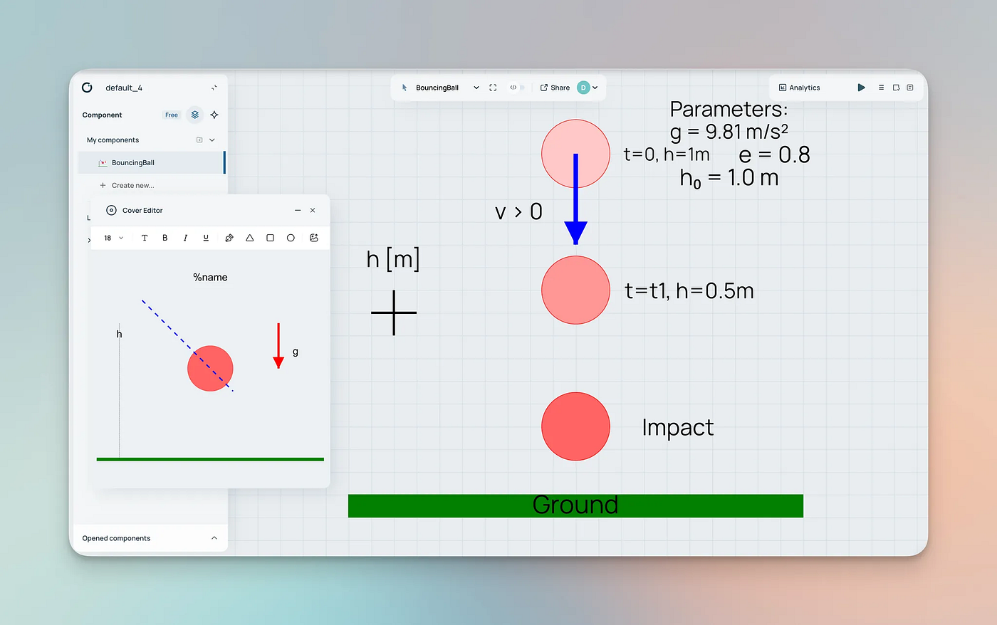 The AI-generated bouncing ball model open in ODE+ Component