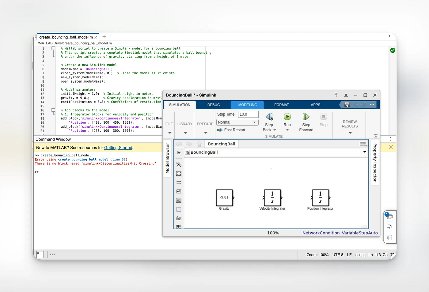 The generated script fails in Simulink with a missing-block error